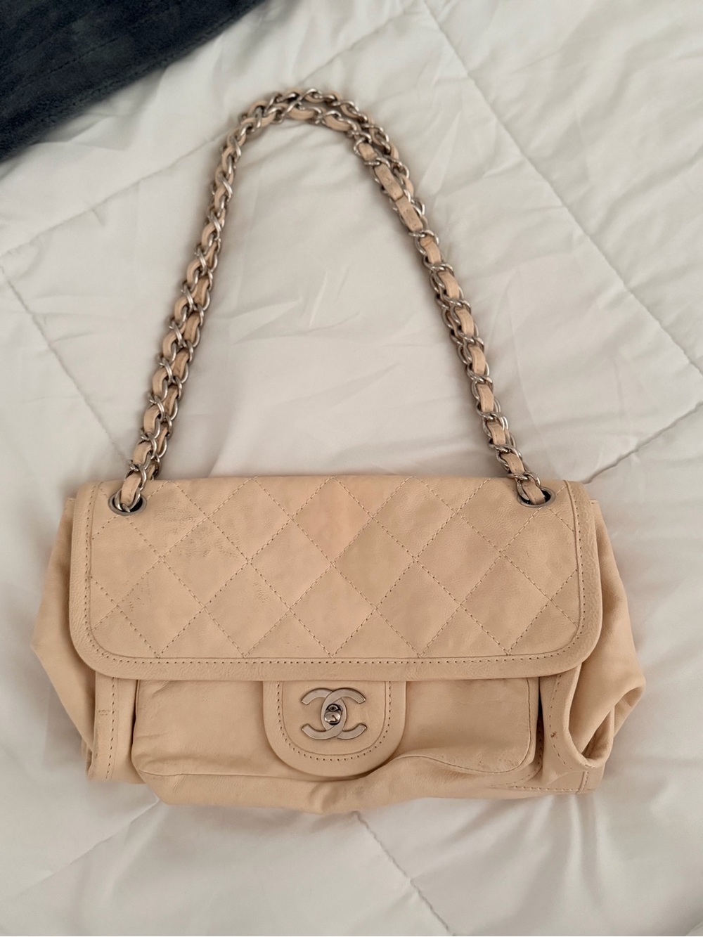 Authentic CHANEL Cream Quilted Leather Shoulder Bag with Silver Hardware